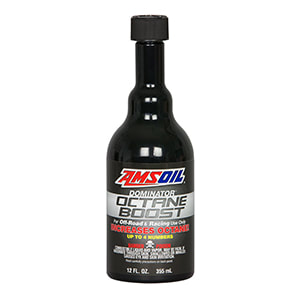 AMSOIL engine oil bottle with Octane Boost, enhancing fuel performance and engine responsiveness.