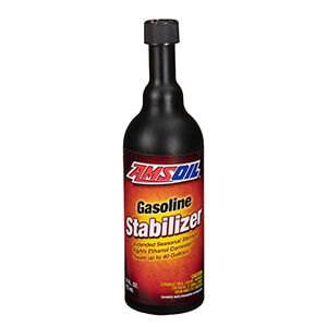 AMSOIL gasoline stabilizer bottle, preserving fuel quality and engine performance during storage for optimal efficiency.