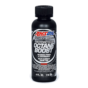 AMSOIL motorcycle octane boost bottle, optimizing engine performance and fuel efficiency for enhanced motorcycle power.
